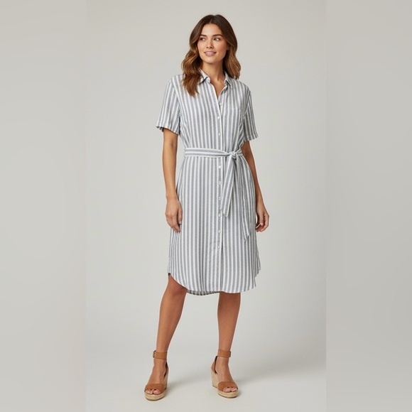 Dynamite Dresses & Skirts - Dynamite Blue & White‎ Striped Shirt Dress with Belt Short Sleeve Small